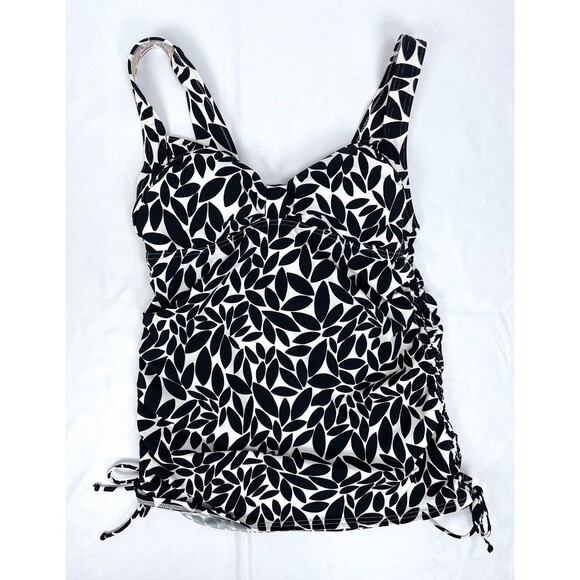 Lands' End Women Size 6 Black White Tankini Swim Top Shelf Bra Leaves Side Ties - Picture 1 of 5